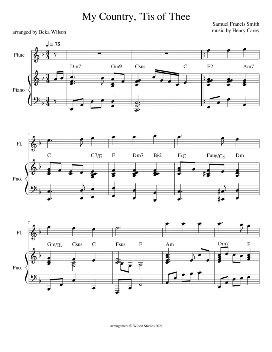 America (My Country 'Tis of Thee)--flute solo Flute Solo scores gallery preview page 1