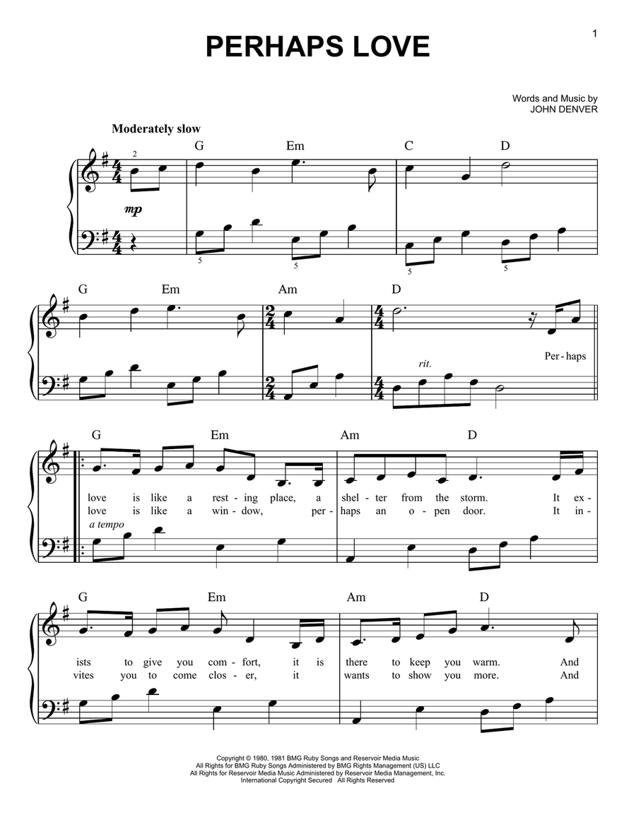 Perhaps Love Easy Piano scores gallery preview page 1