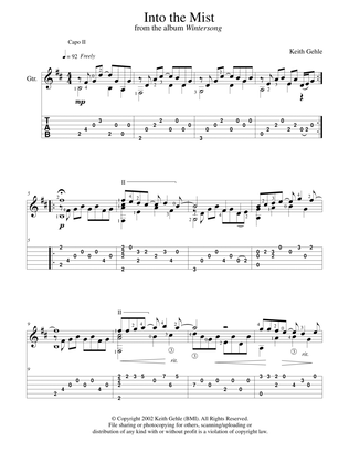 Book cover for "Into the Mist" for solo classical fingerstyle guitar (+TAB)