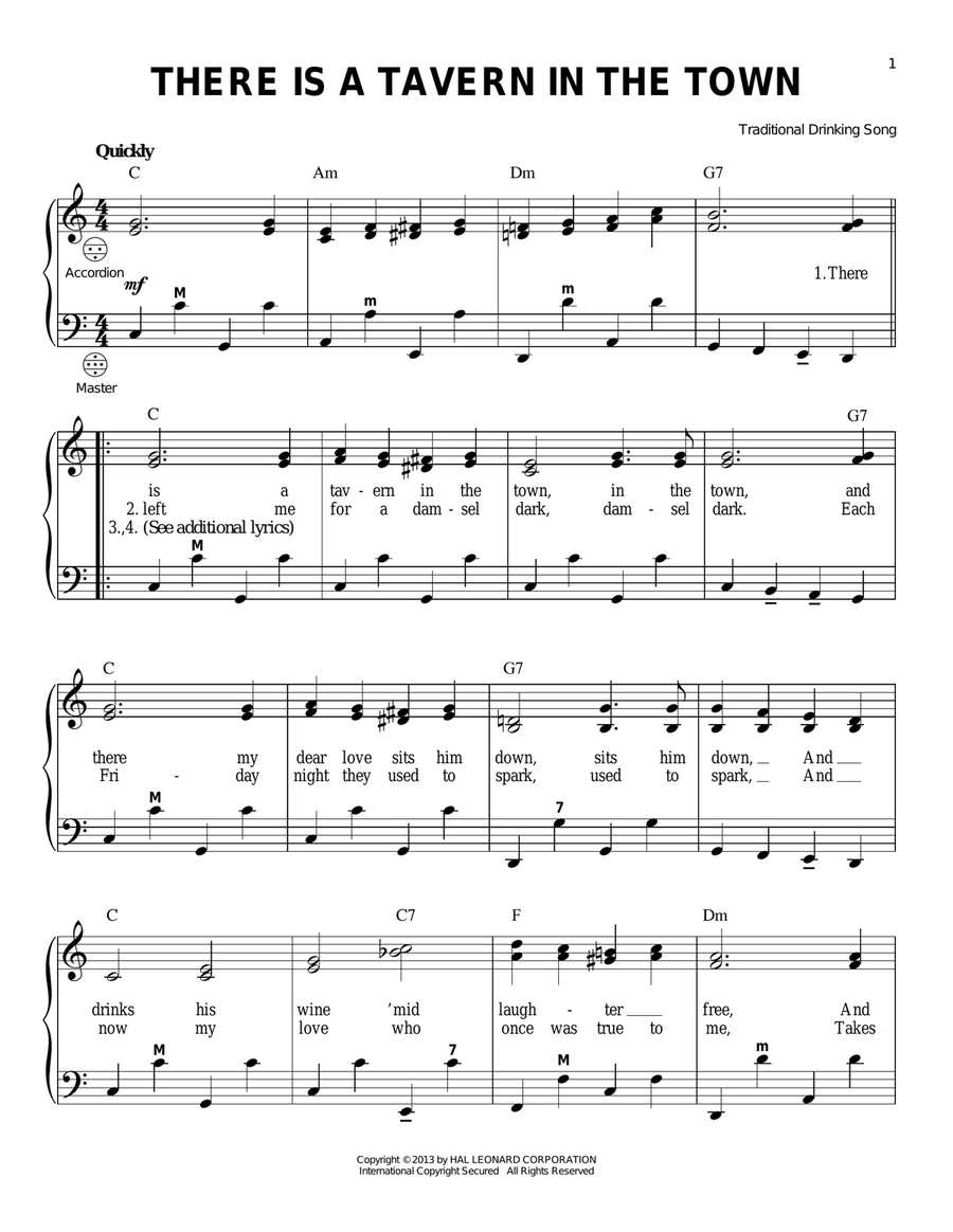 There Is A Tavern In The Town Accordion scores gallery preview page 1