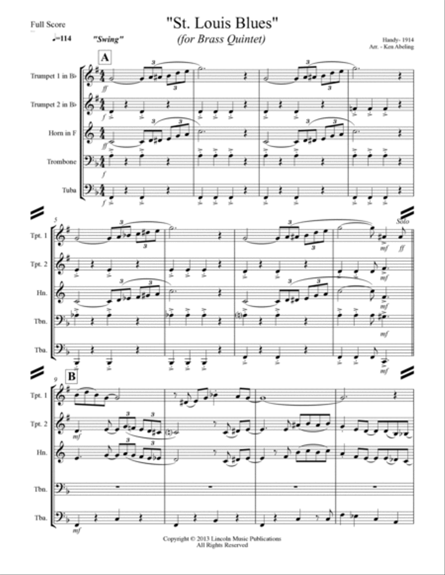 St. Louis Blues (for Brass Quintet) St. Louis Blues (for Brass Quintet) Brass Quintet scores gallery preview page 2