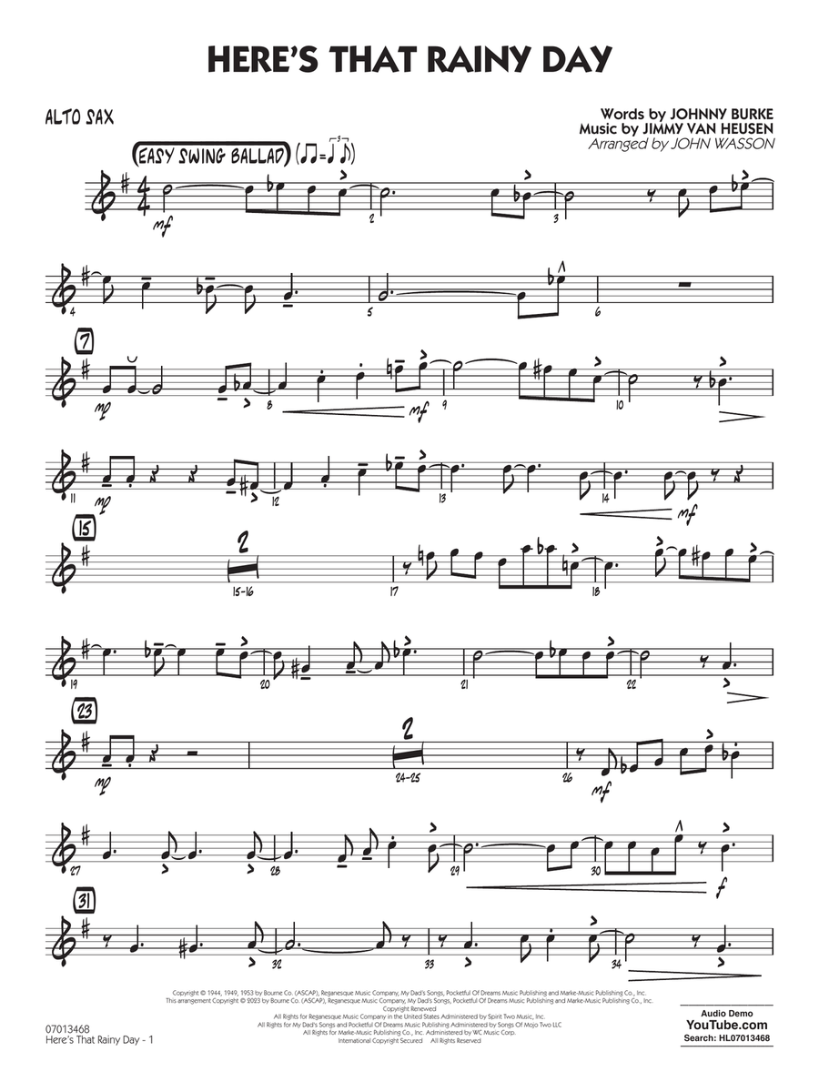 Book cover for Here's That Rainy Day (arr. John Wasson) - Alto Sax