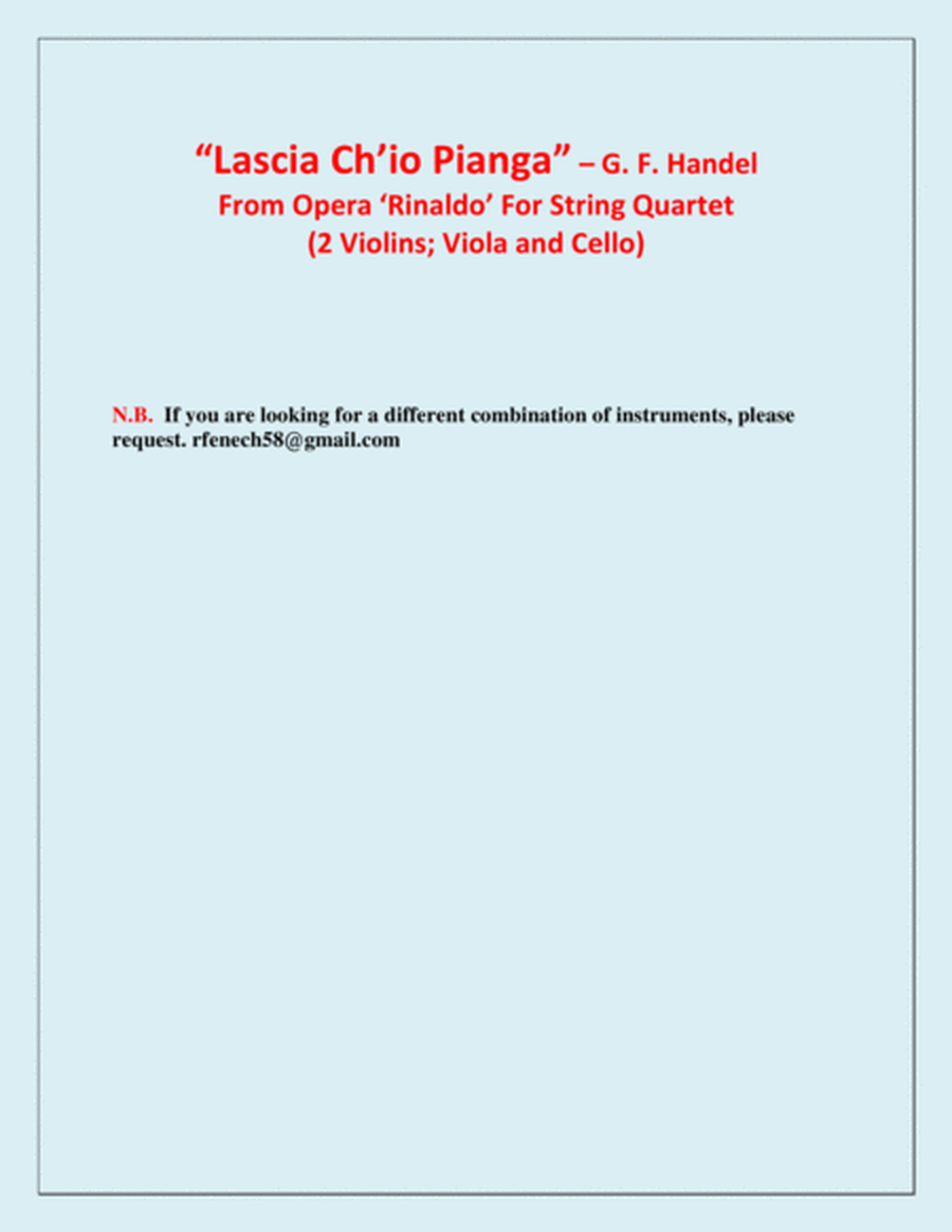 Lascia Ch'io Pianga - From Opera 'Rinaldo' (For String Quartet) image number null