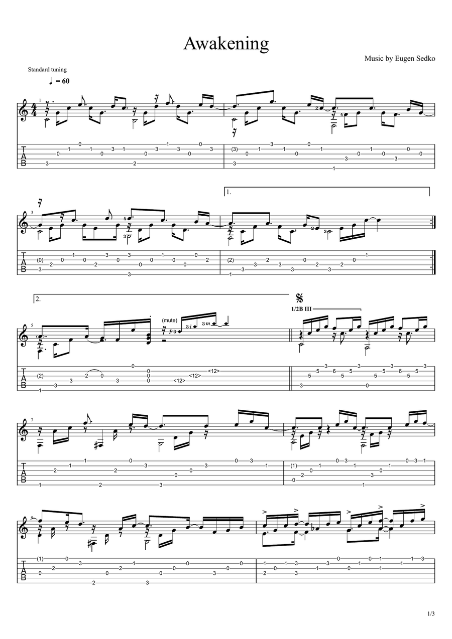 Awakening - a guitar composition by Eugen Sedko Classical Guitar scores gallery preview page 1