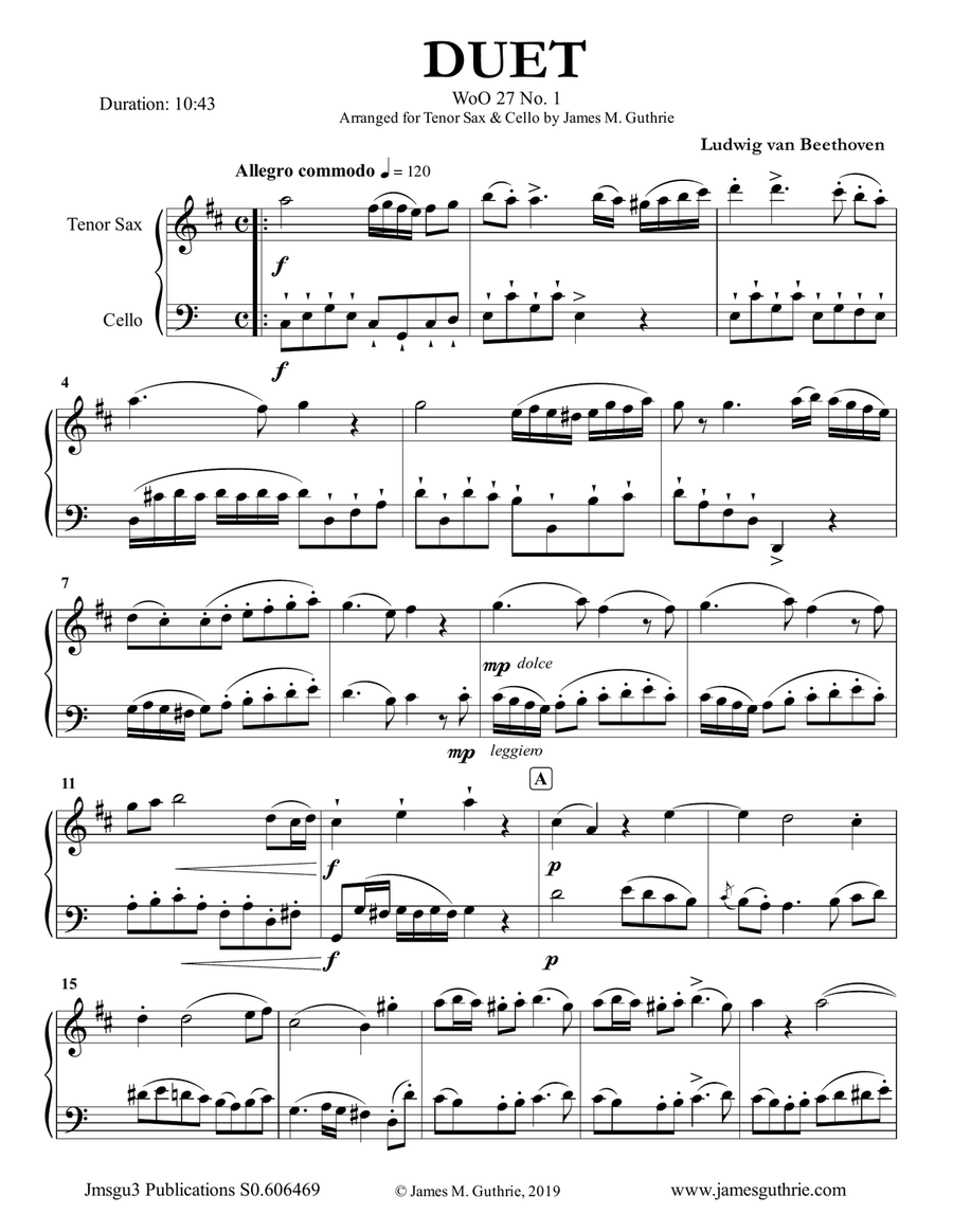 Beethoven: Three Duets WoO 27 for Tenor Sax & Cello Tenor Saxophone scores gallery preview page 1