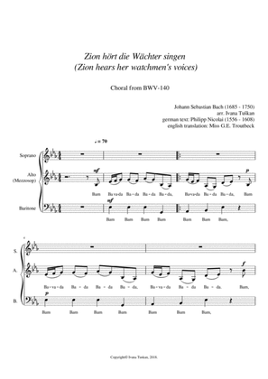 Zion hört (Zion Hears) Choral from BWV – 140 for SAB a cappella