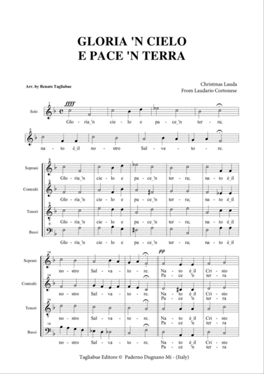 GLORIA 'N CIELO E PACE 'N TERRA - From Laudario Cortonese - For SATB Choir 4-Part scores gallery preview page 2