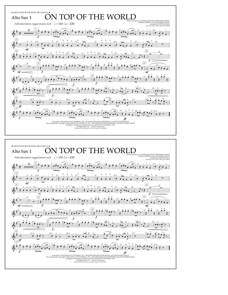 On Top of the World - Alto Sax 1 Marching Band scores gallery preview page 1