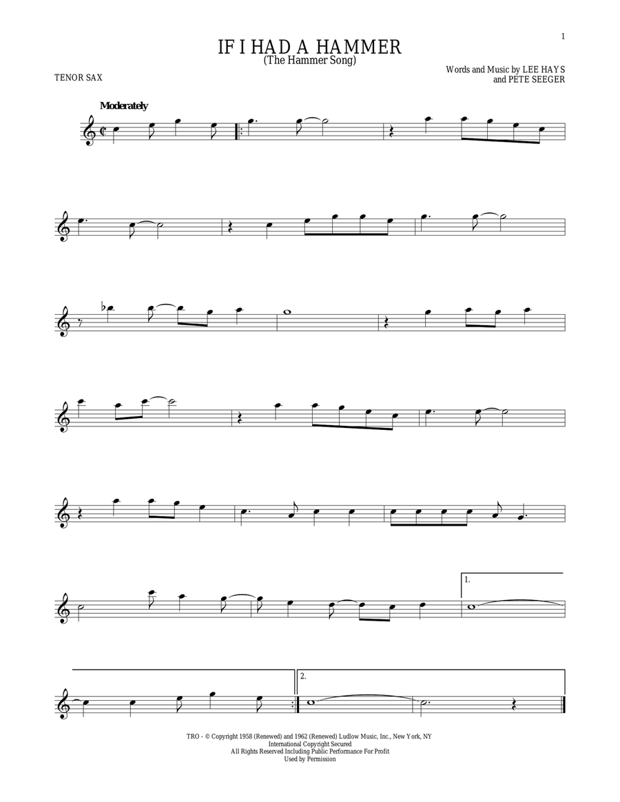 If I Had A Hammer (The Hammer Song) Tenor Saxophone scores gallery preview page 1