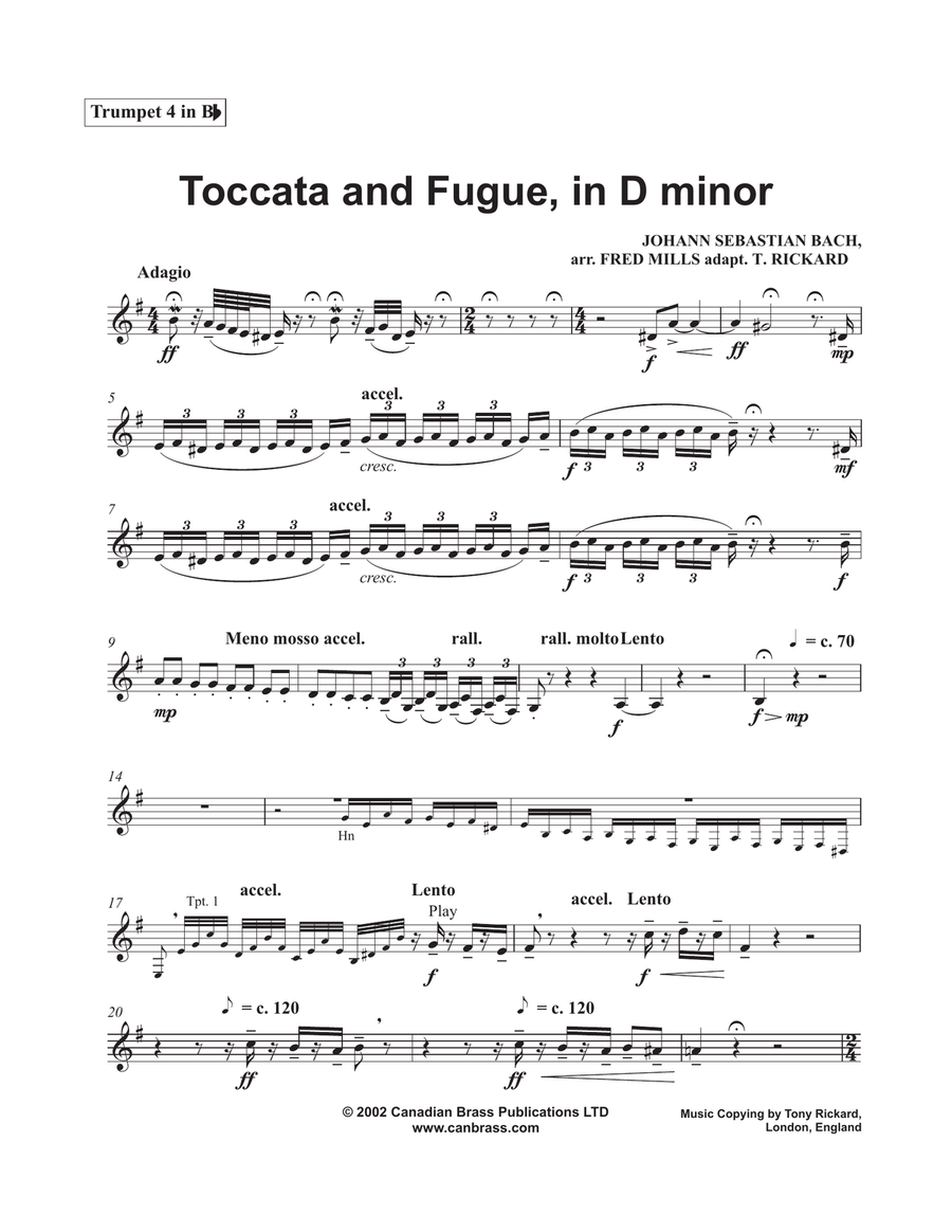 Toccata and Fugue in D Minor - Bb Trumpet 4 Brass Quintet scores gallery preview page 1