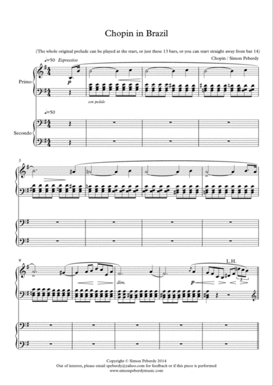 Chopin in Brazil, Samba Piano Duet based on Chopin's Prelude in E minor 1 Piano, 4-Hands scores gallery preview page 2