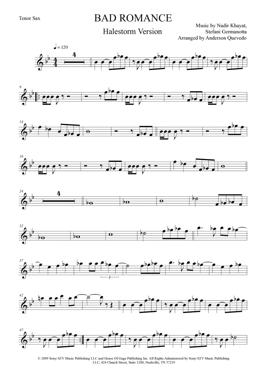 Bad Romance Tenor Saxophone scores gallery preview page 1