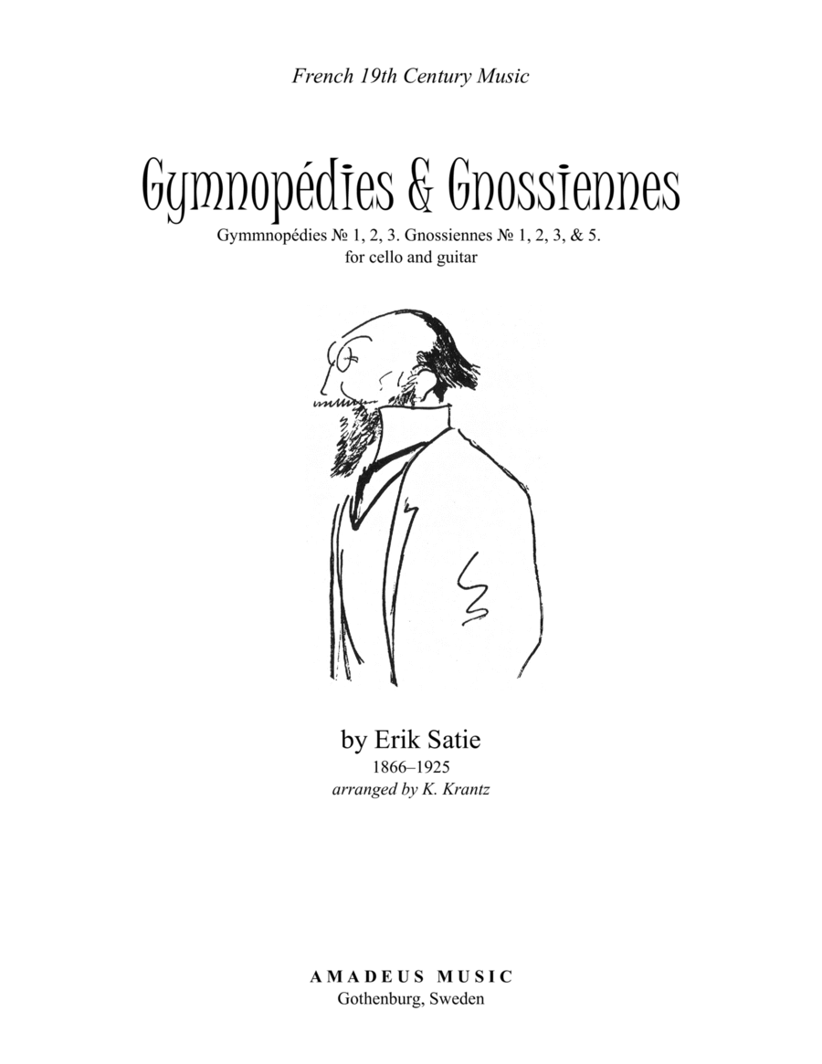 Gymnopedie (1,2,3) and Gnossienne (1,2,3+5) for cello and guitar String Duet scores gallery preview page 1