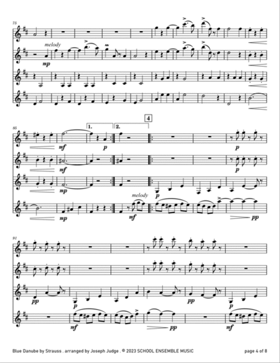 Blue Danube by Strauss for Clarinet Quartet in Schools Clarinet Quartet scores gallery preview page 4