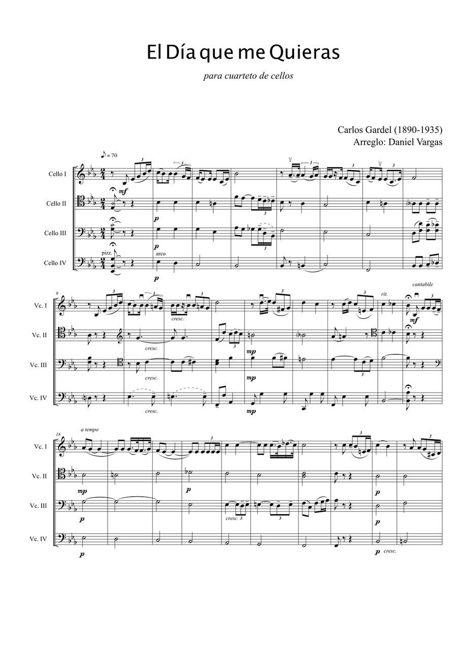 Carlos Gardel, El día que me quieras, arreglo para cuarteto de cellos String Quartet scores gallery preview page 2