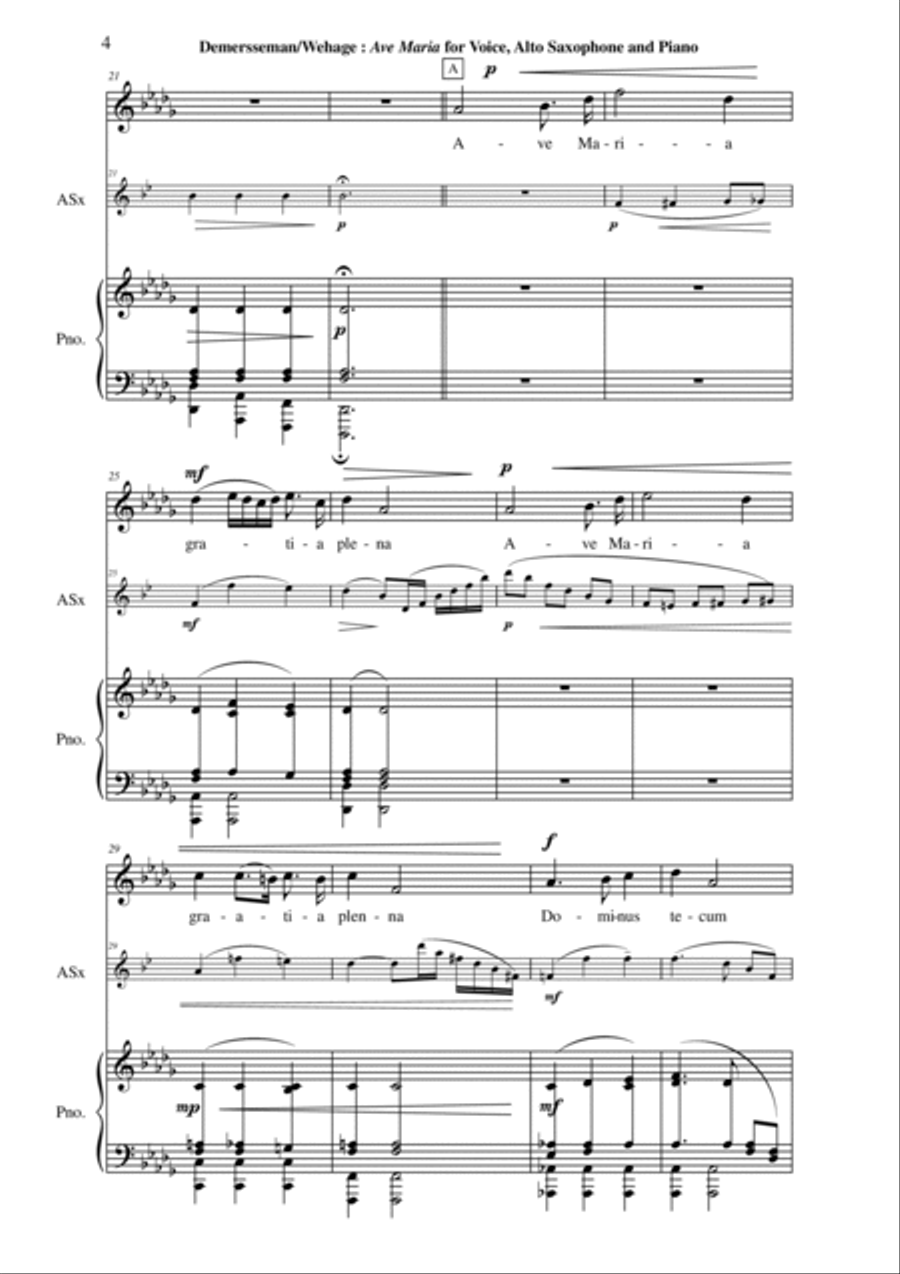 Jules Demersseman : Ave Maria for medium voice, alto saxophone and piano Small Ensemble scores gallery preview page 4