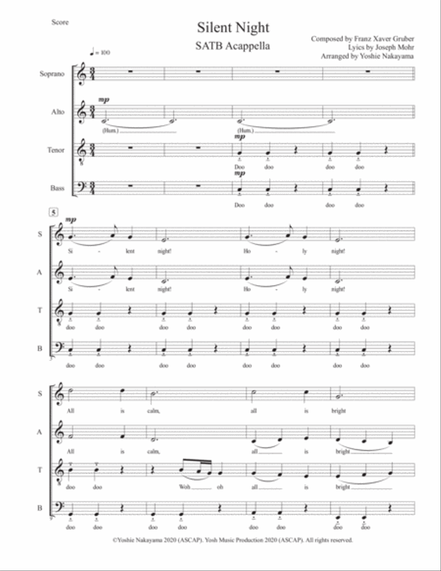 Silent Night - SATB Acappella 4-Part scores gallery preview page 1