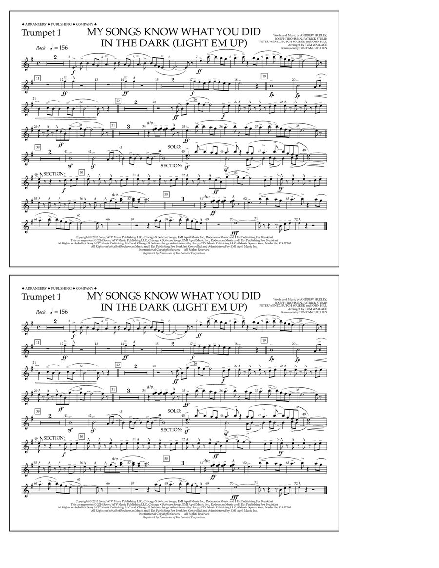 My Songs Know What You Did in the Dark (Light 'Em Up) - Trumpet 1 Marching Band scores gallery preview page 1