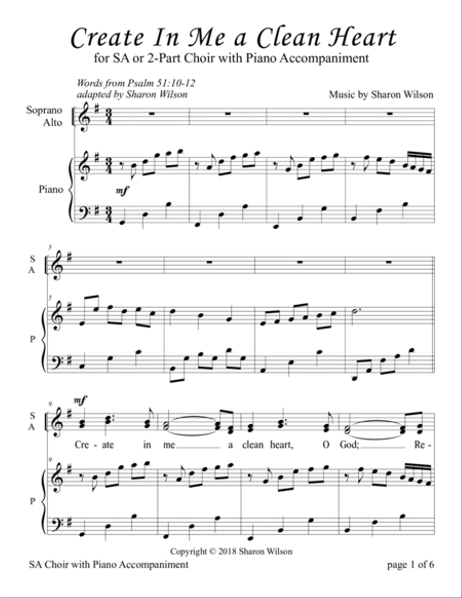 Create In Me a Clean Heart ~ Psalm 51 (for SA or 2-Part Choir with Piano accompaniment) SA scores gallery preview page 3