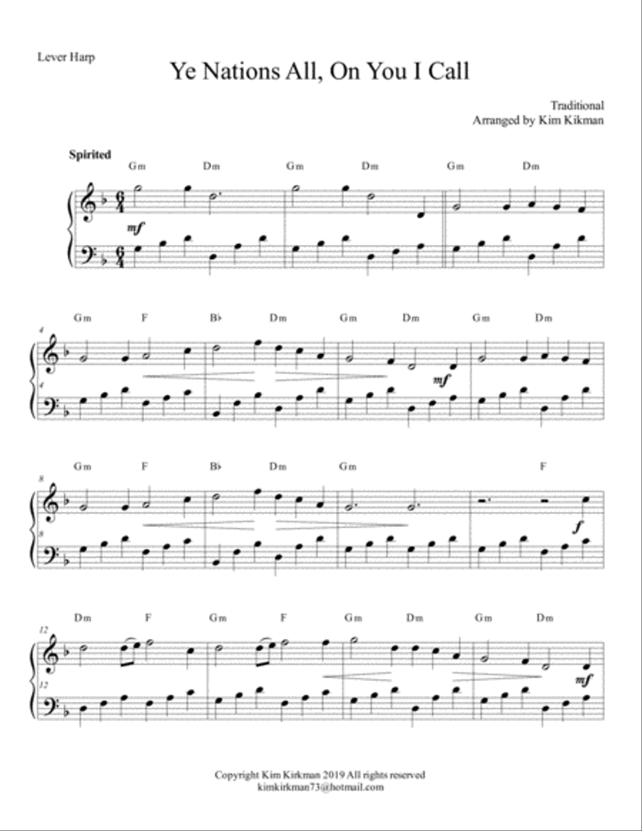 Ye Nations All - Christmas Hymn for lever harp - one sharp Celtic Harp scores gallery preview page 1