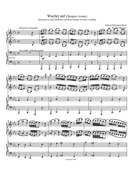 Bach's Wachet Auf (Sleeper's Awake) Piano Duet (1 Piano 4 Hands)