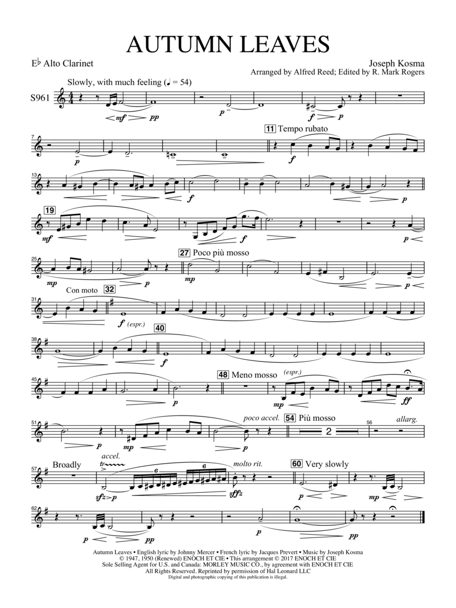 Autumn Leaves (Les feuilles mortes) - Alto Clarinet Concert Band scores gallery preview page 1