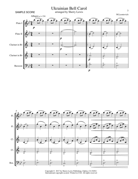 UKRAINIAN BELL CAROL (Carol of the Bells), Woodwind Quintet, Intermediate Level for 2 flutes, 2 clar image number null