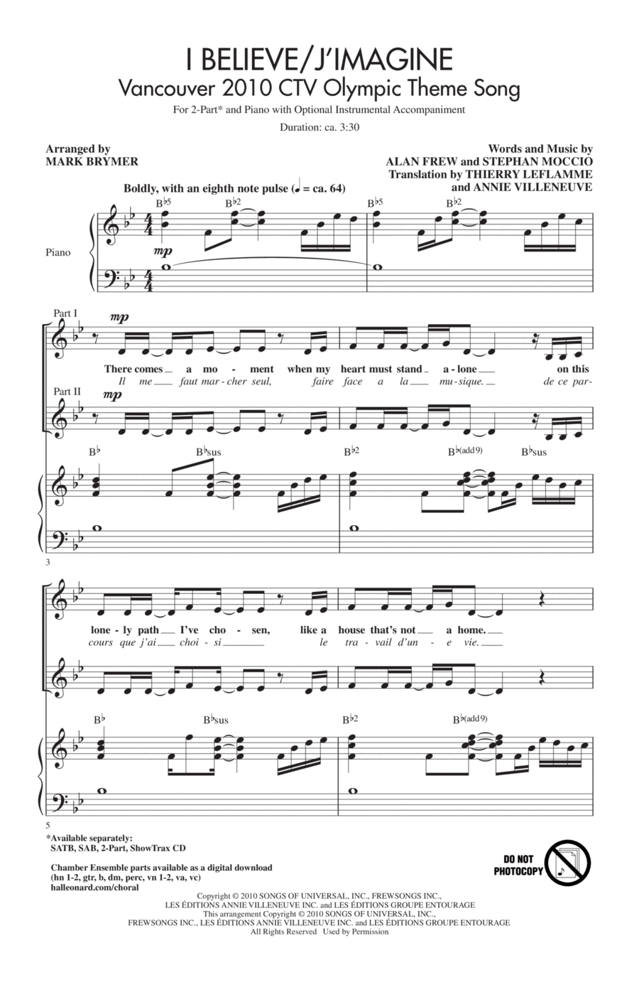 I Believe / J'Imagine 2-Part scores gallery preview page 1