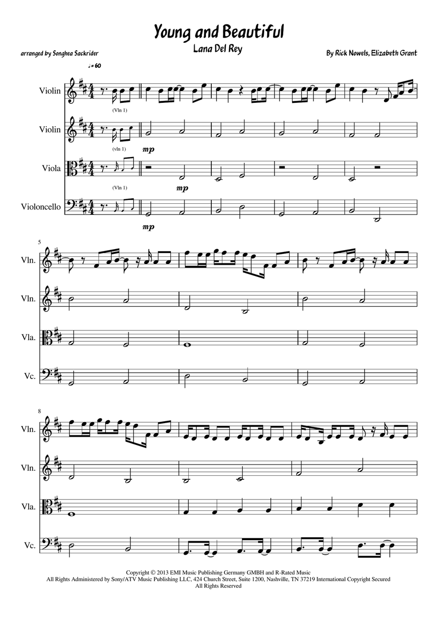 Young And Beautiful String Quartet scores gallery preview page 1