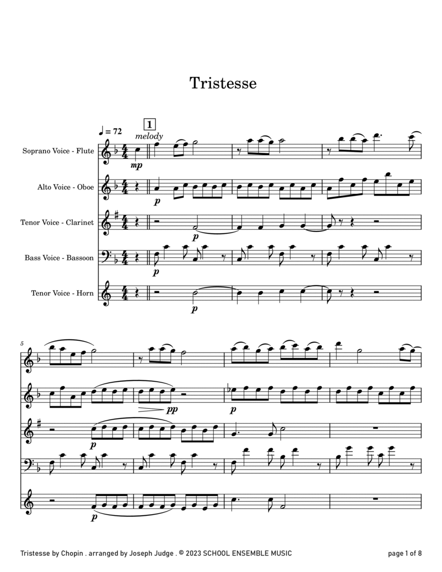 Tristesse by Chopin for Woodwind Quartet in Schools Woodwind Quartet scores gallery preview page 1