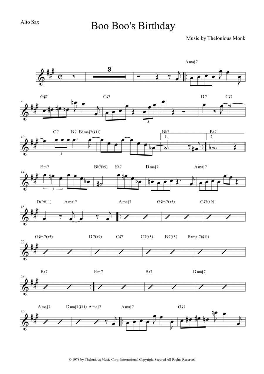 Boo Boo's Birthday Boo Boo's Birthday Alto Saxophone scores gallery preview page 1
