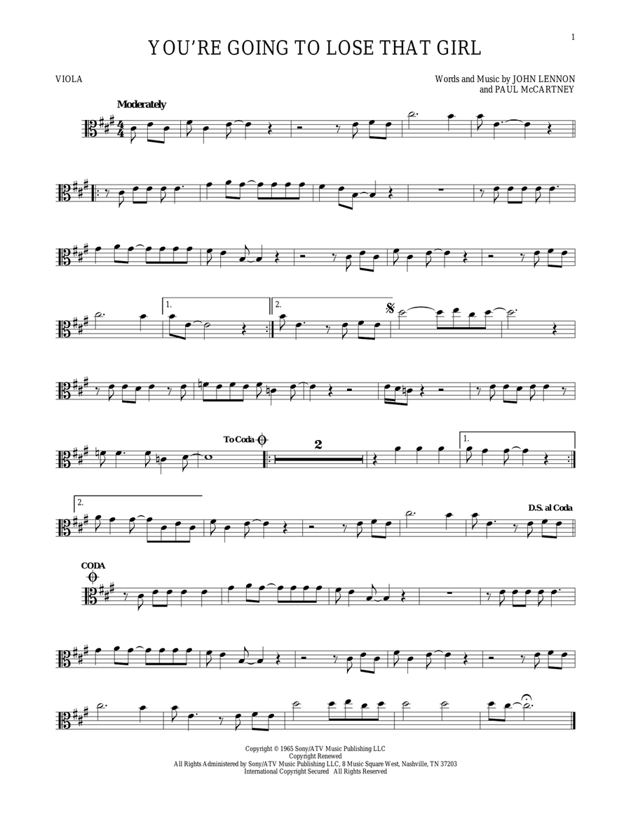 You're Going To Lose That Girl Viola Solo scores gallery preview page 1