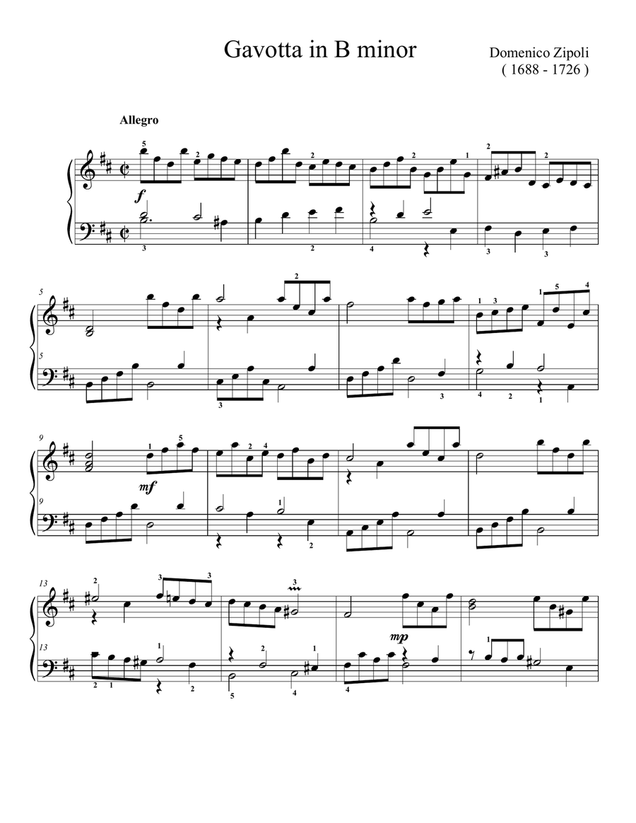 Zipoli Gavotta in B minor Easy Piano scores gallery preview page 1