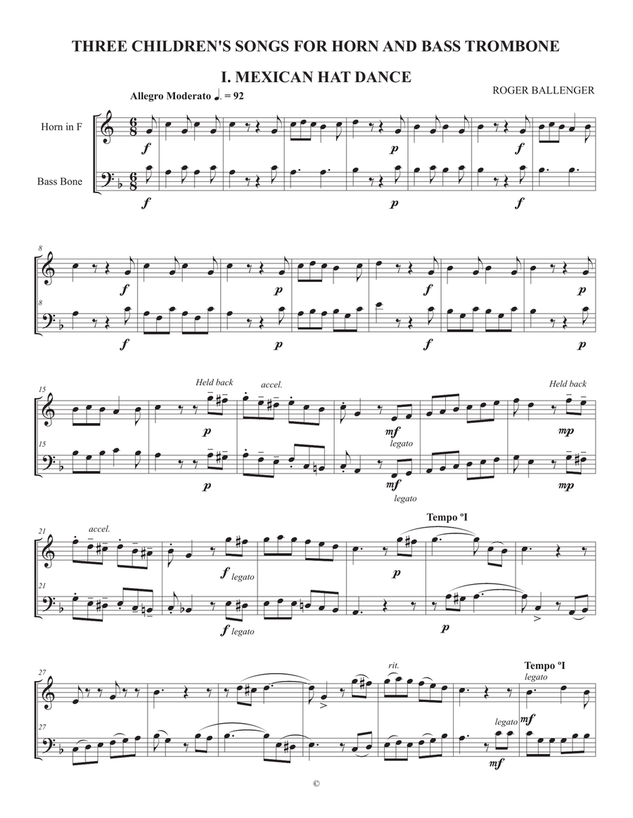 Three Children's Songs for Horn and Bass Trombone Brass Duet scores gallery preview page 2