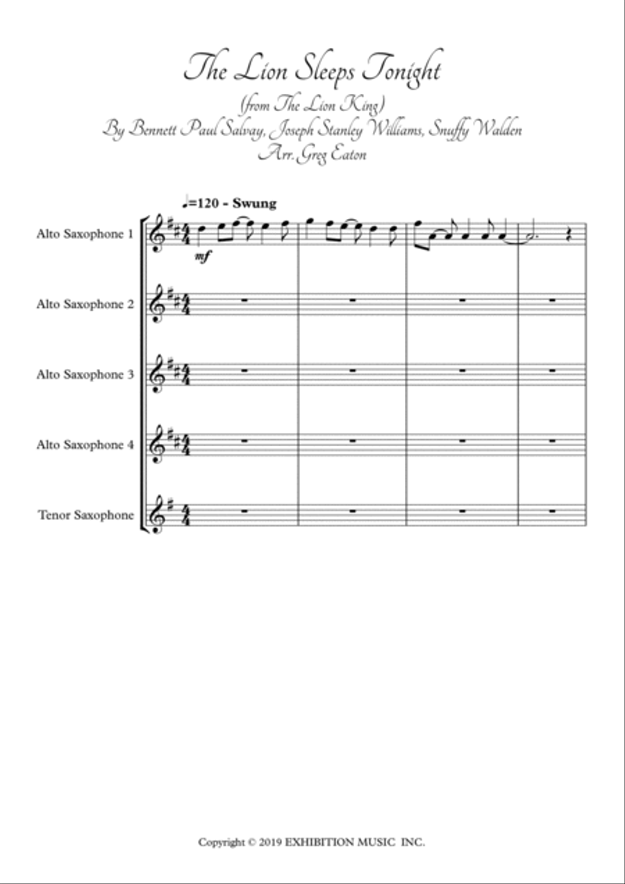 The Lion Sleeps Tonight Woodwind Quartet scores gallery preview page 2