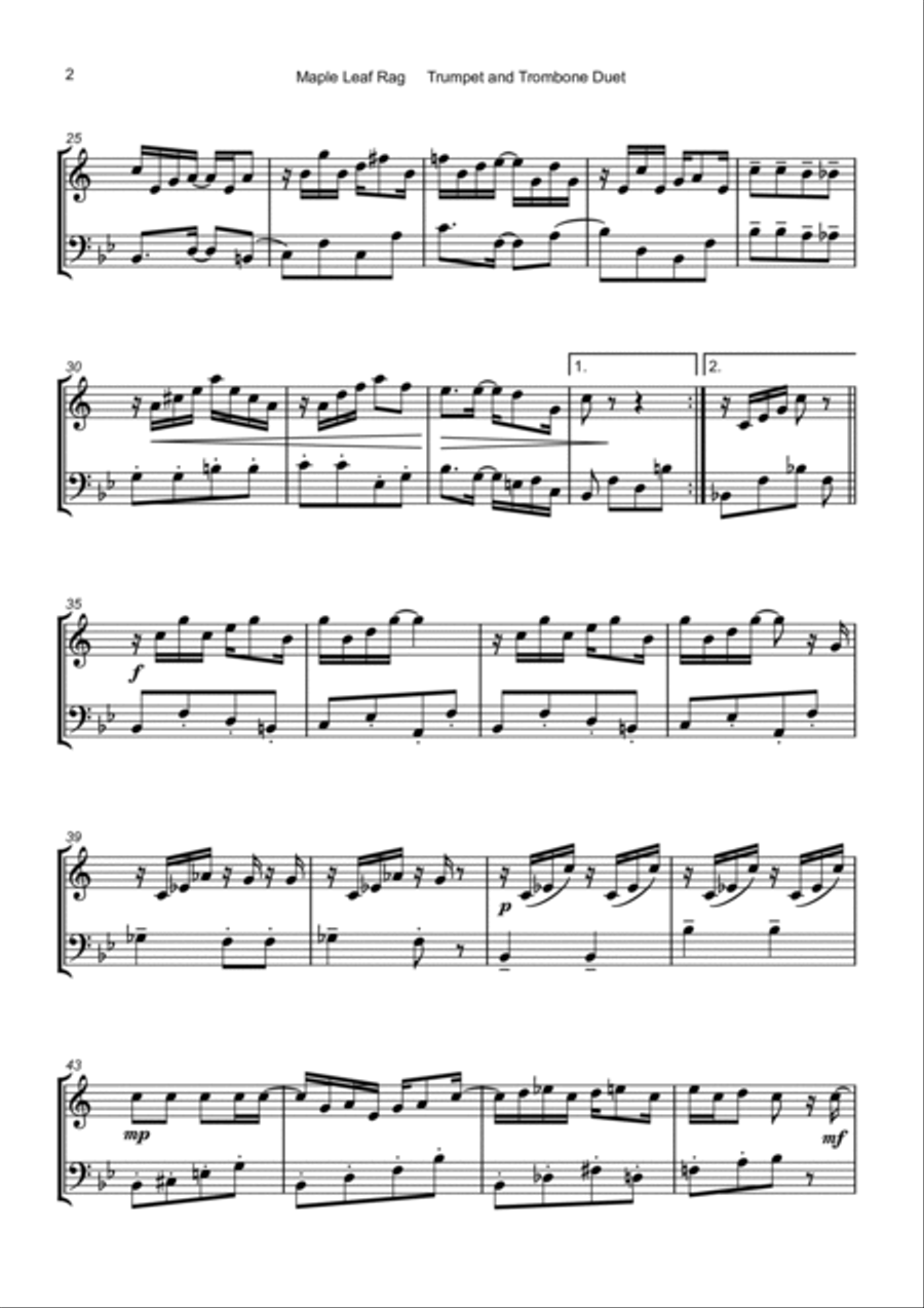 Maple Leaf Rag, by Scott Joplin, Trumpet and Trombone Duet Brass Duet scores gallery preview page 3