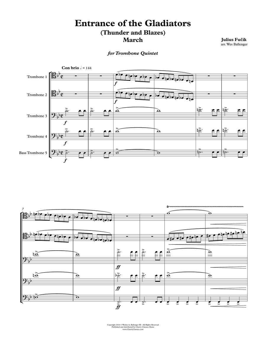 Entrance of the Gladiators (Thunder & Blazes March) for Trombone Quintet Brass Ensemble scores gallery preview page 1