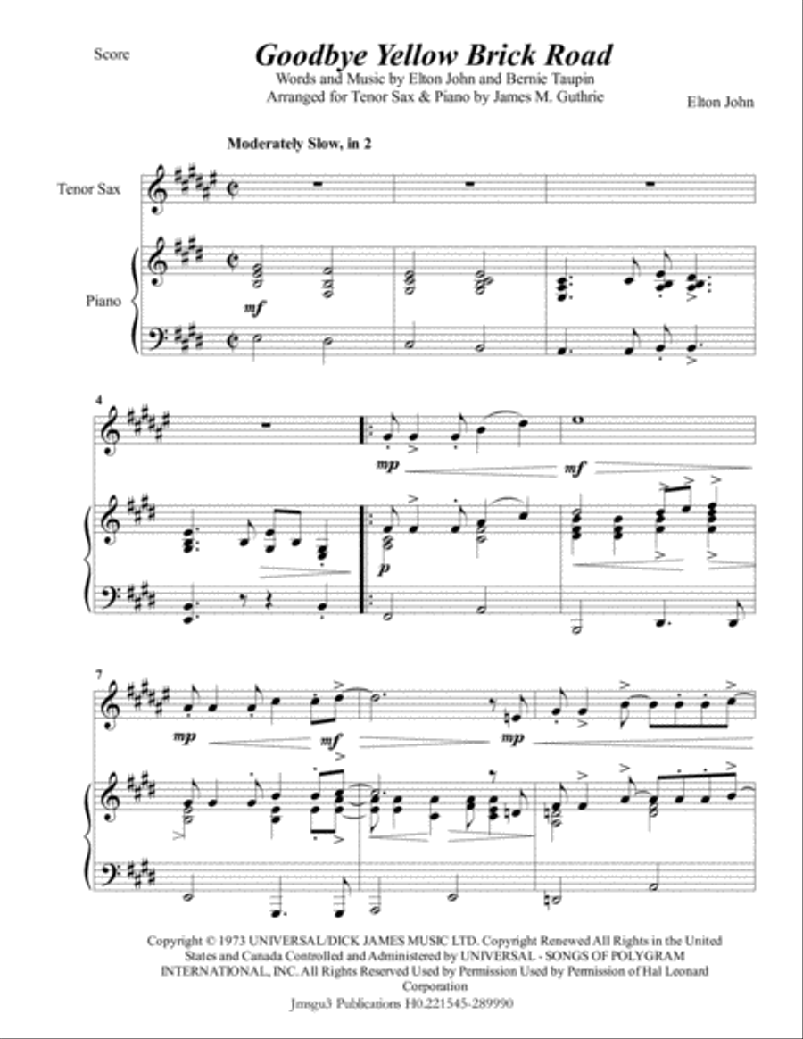 Goodbye Yellow Brick Road Tenor Saxophone scores gallery preview page 1