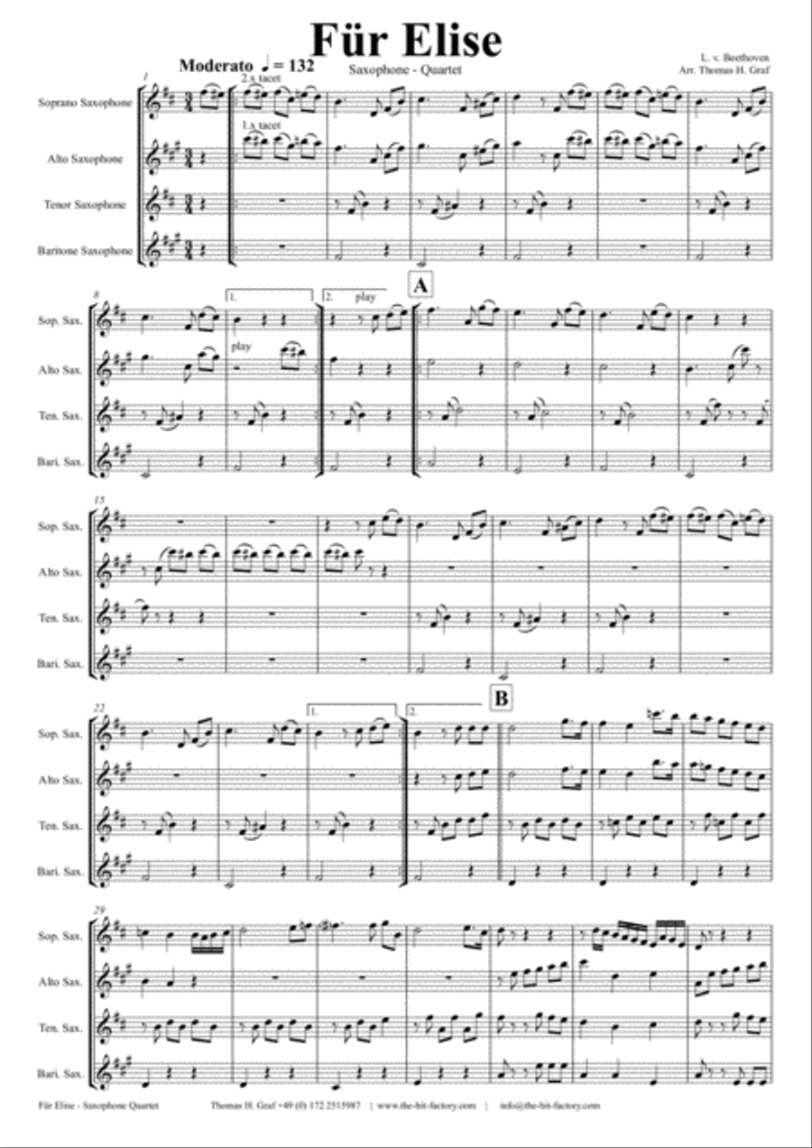 For Elise - Ludwig van Beethoven - Saxophone Quartet Saxophone Quartet scores gallery preview page 1
