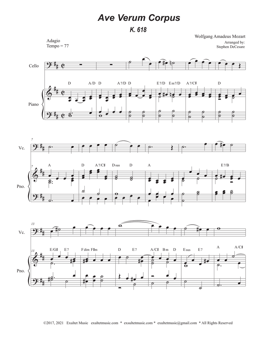 Ave Verum Corpus (Cello solo - Piano Accompaniment) Piano scores gallery preview page 1