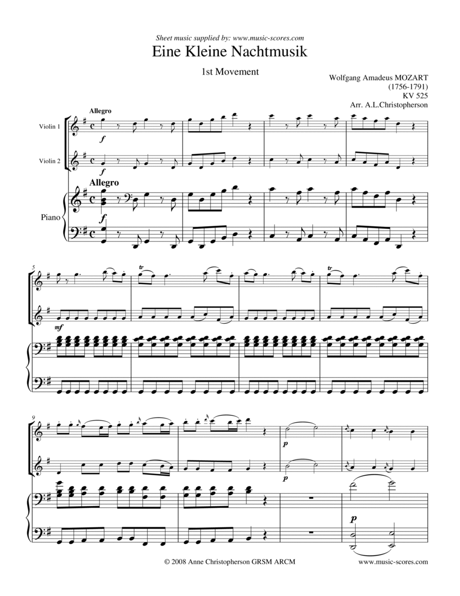 Eine Kleine Nachtmusik - Allegro 1st movement - 2 Violins and Piano String Duet scores gallery preview page 1
