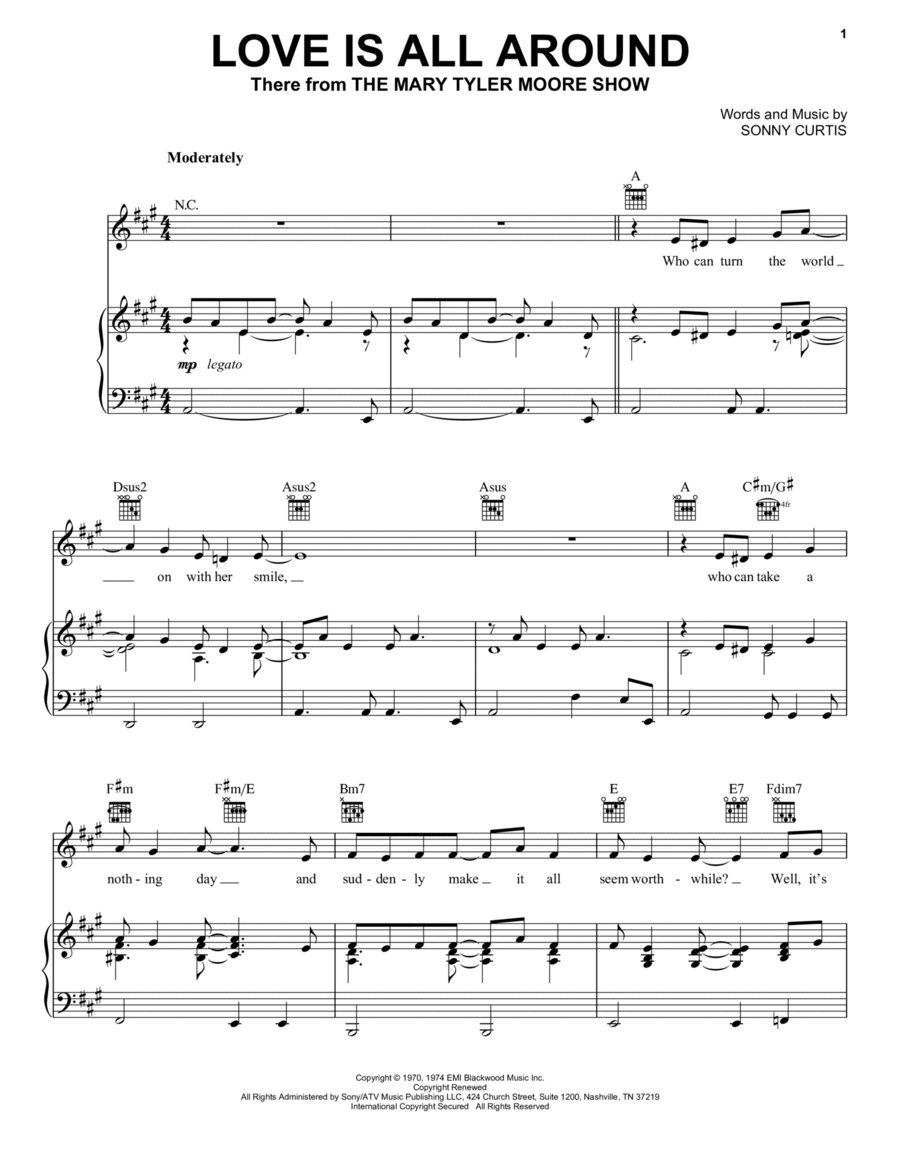 Love Is All Around (Theme from The Mary Tyler Moore Show) Piano, Vocal, Guitar scores gallery preview page 1