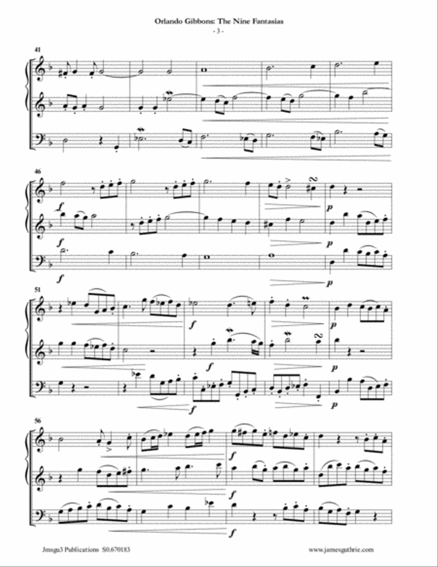Gibbons: The Nine Fantasias for Violin Duo & Cello String Duet scores gallery preview page 3