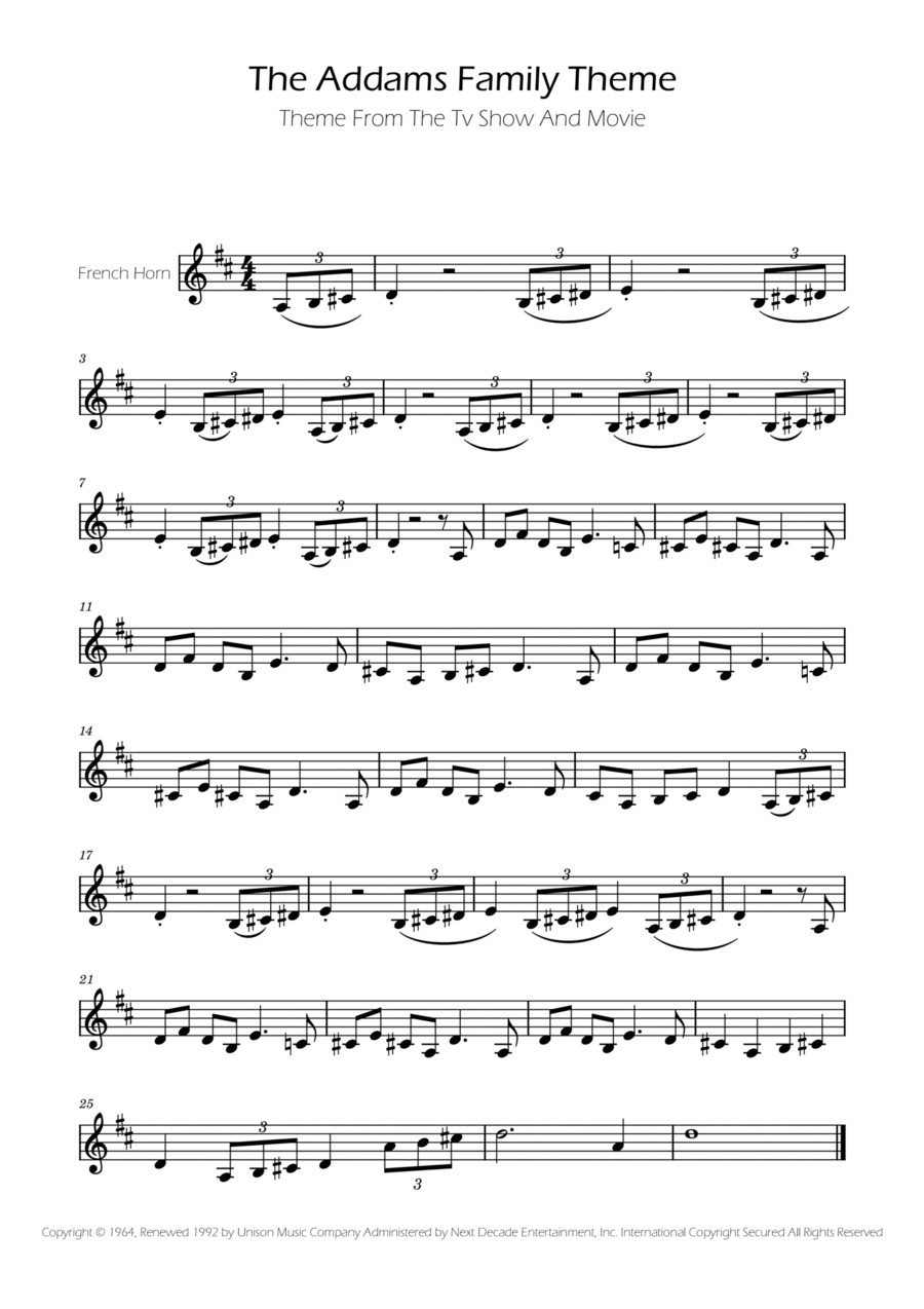 Addams Family Theme Horn Solo scores gallery preview page 1