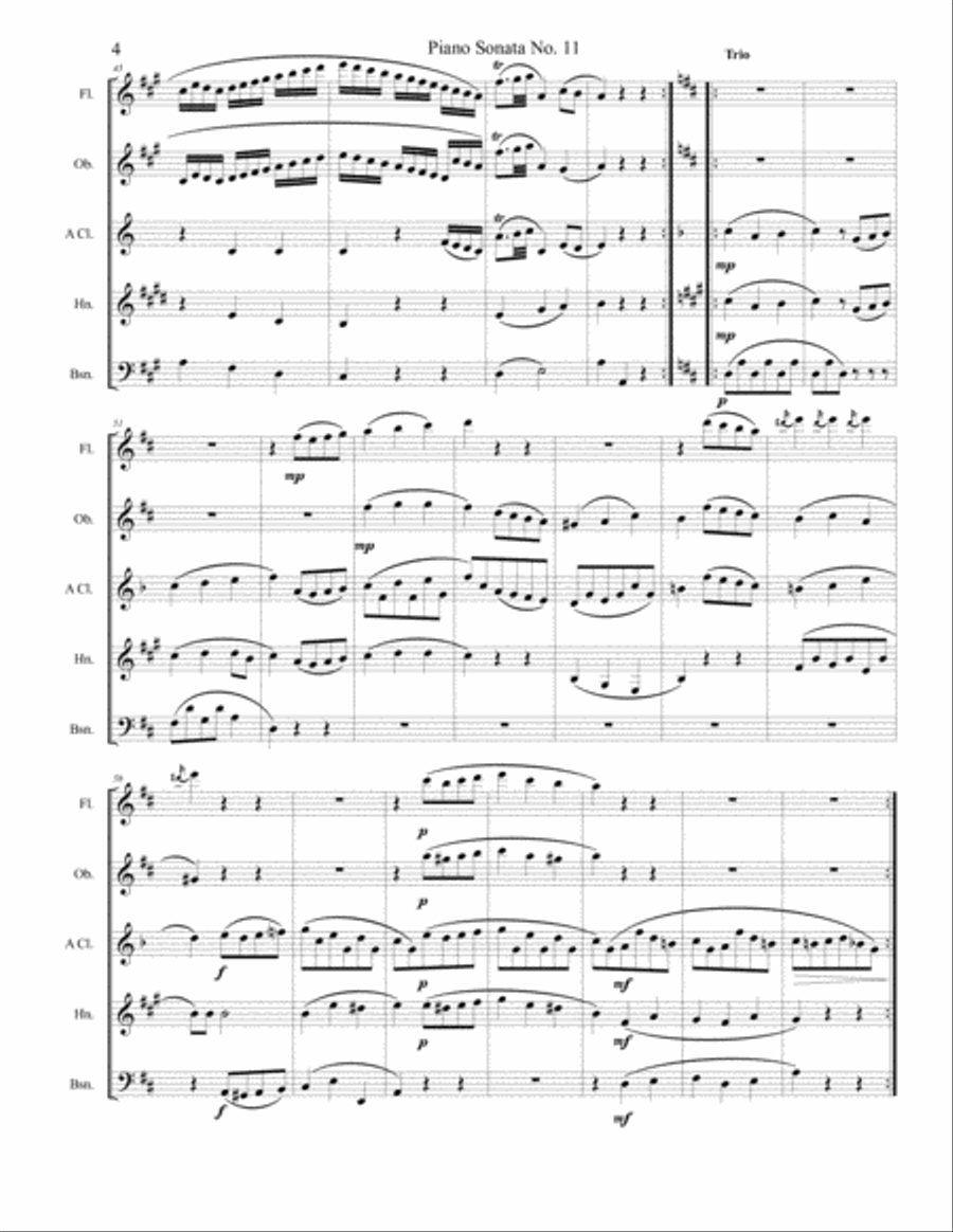 Piano Sonata No 11 (Alla Turca) Movement 2, Menuetto Woodwind Quintet scores gallery preview page 4