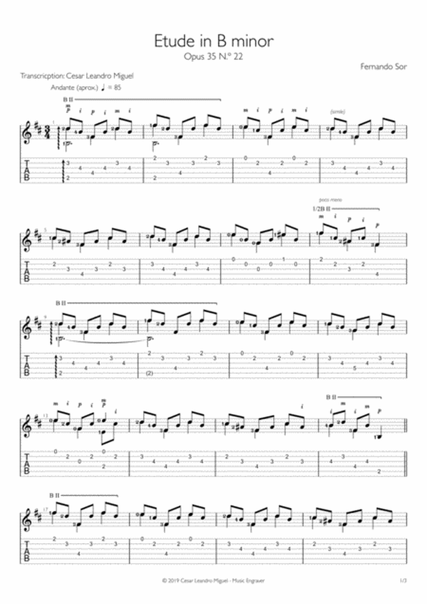 Etude in B minor Opus 35 No. 22 (Fernando Sor) for guitar solo (tab/tablature) image number null