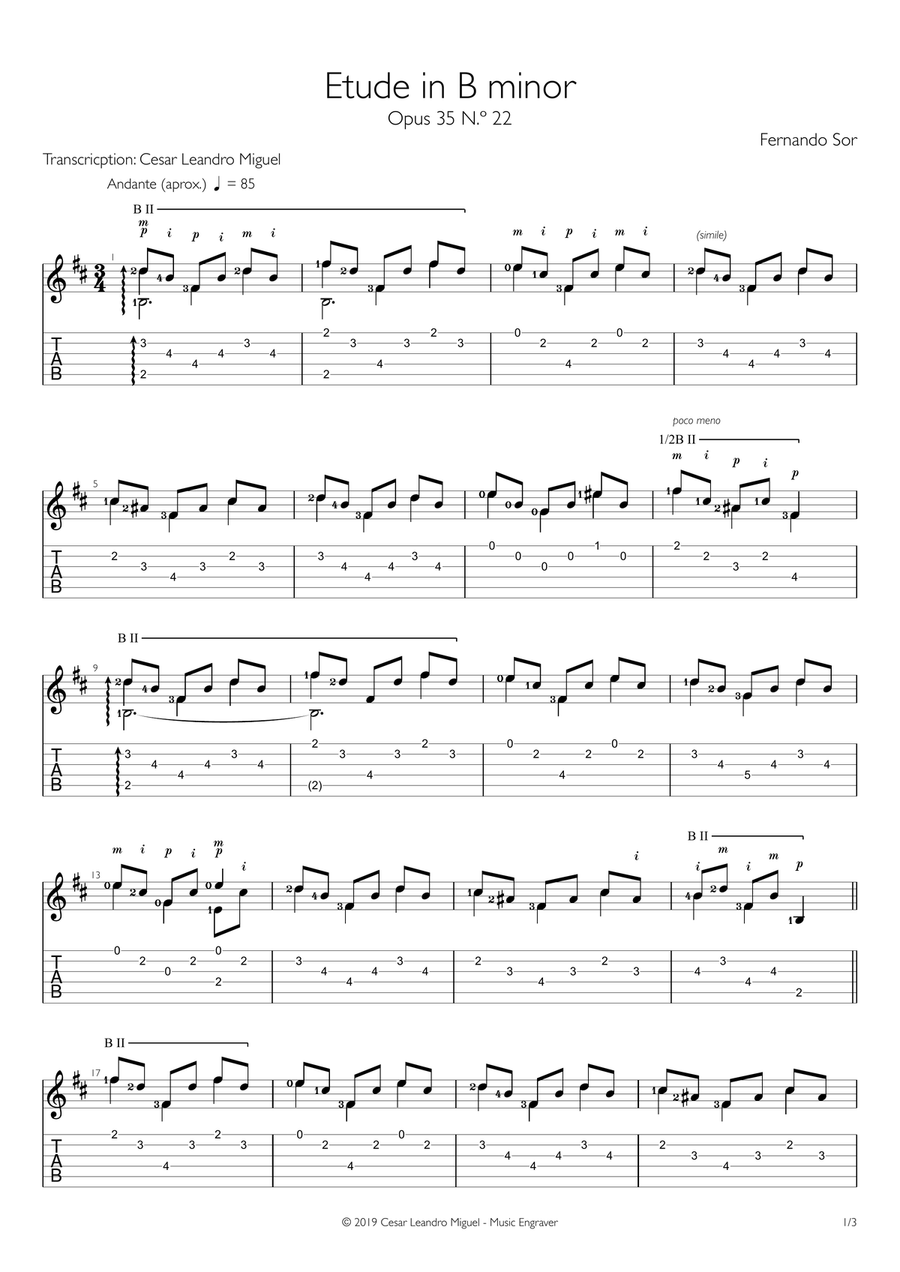 Etude in B minor Opus 35 No. 22 (Fernando Sor) for guitar solo (tab/tablature) image number null