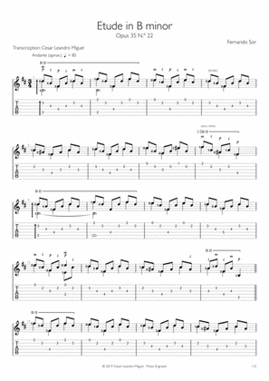 Etude in B minor Opus 35 No. 22 (Fernando Sor) for guitar solo (tab/tablature)
