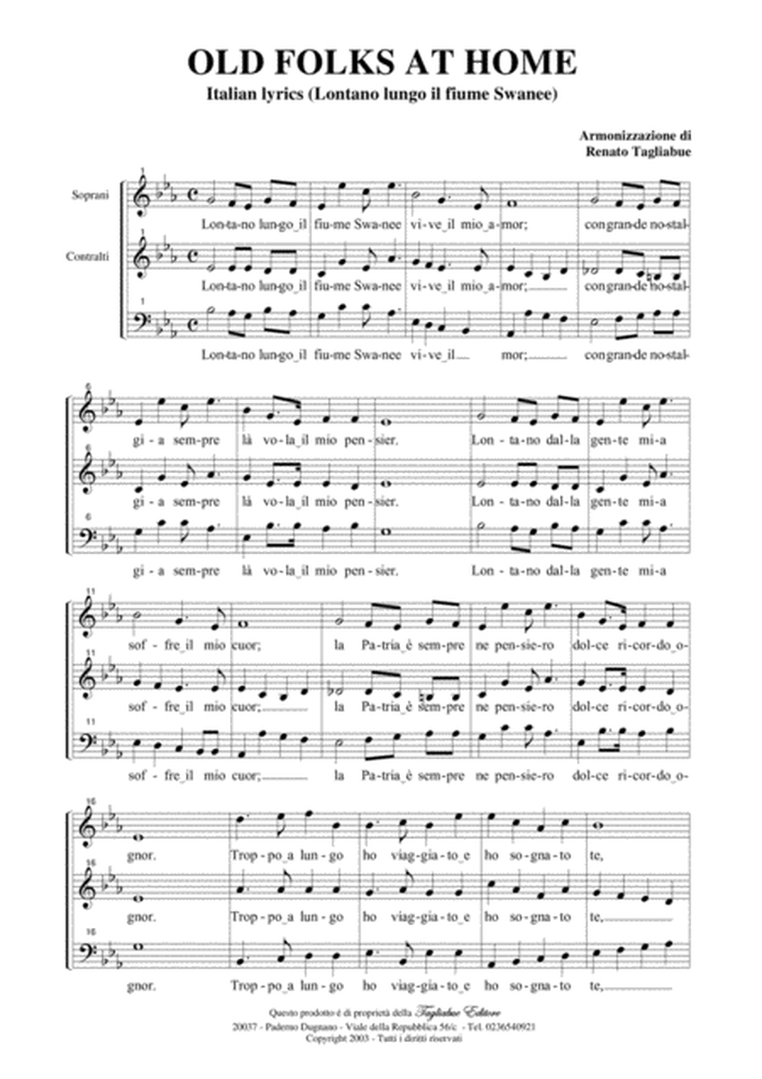 OLD FOLKS AT HOME - Italian lyrics (Lontano lungo il fiume Swanee) Arr. for SAB Choir