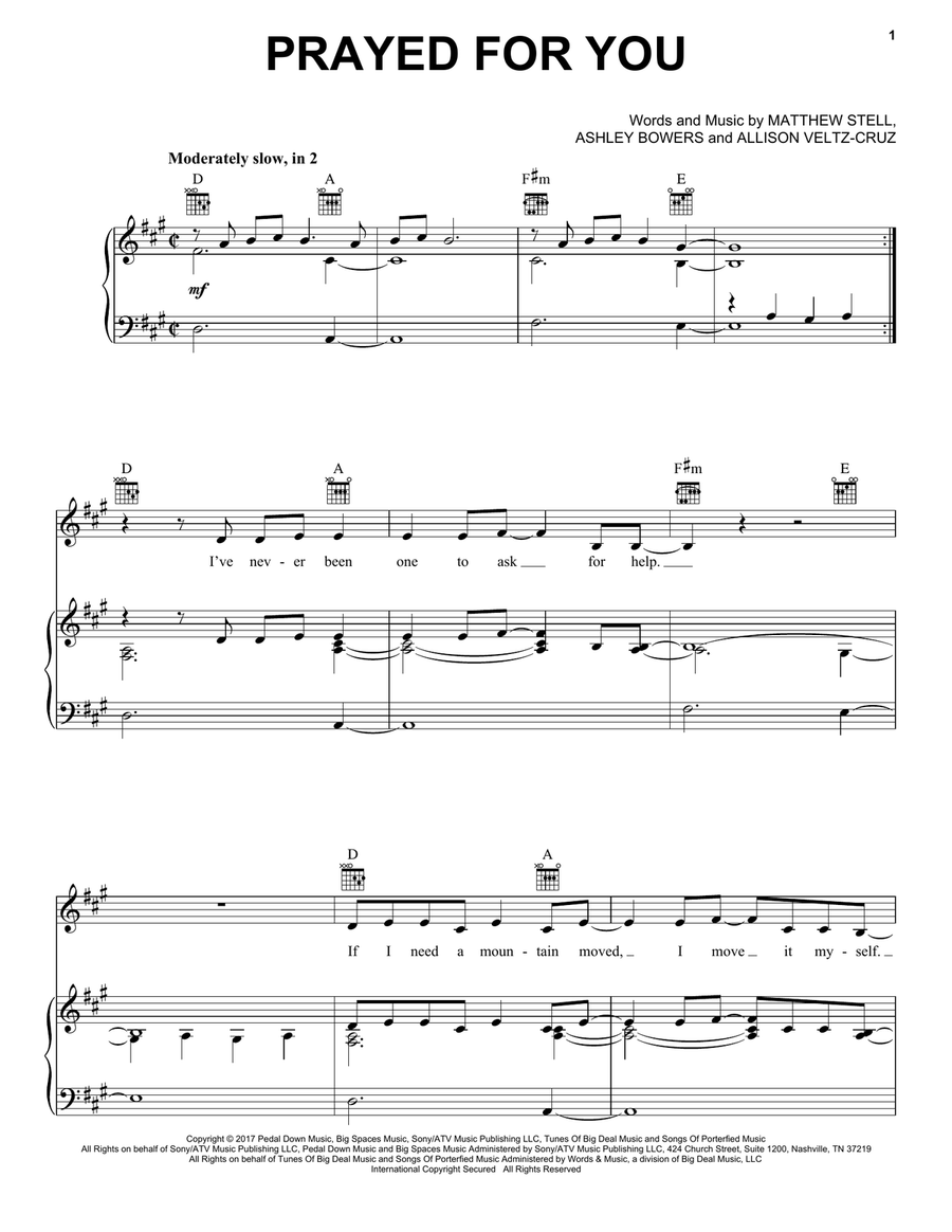 Prayed For You Piano, Vocal, Guitar scores gallery preview page 1